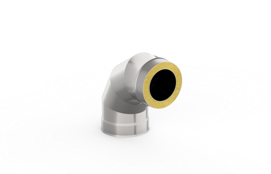Izolēts dūmvada caurules līkums (leņķis 90°, D = 115 mm/200 mm; nerūsējošais tērauds 0,5 mm/0,5 mm)