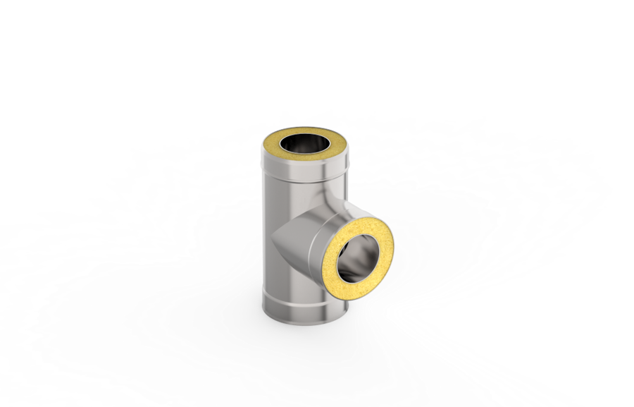 Izolēts dūmvada caurules trejgabals (leņķis 90°, D = 115 mm/200 mm; nerūsējošais tērauds 1 mm/0,5 mm)
