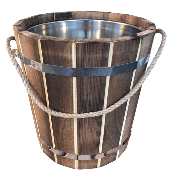 Wooden bucket with stainless steel insert (15 l; linden, tinted with burning technique)